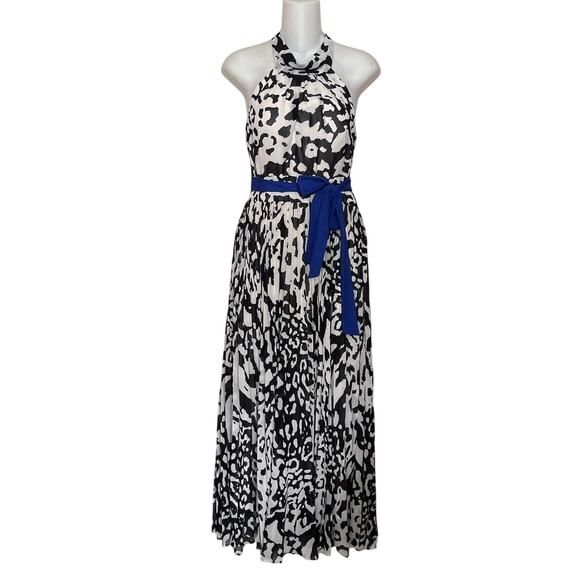 Eliza J Dress Chiffon Halter Maxi Dress Leopard Print Blue Sash Women’s Sz 10P - Picture 1 of 9